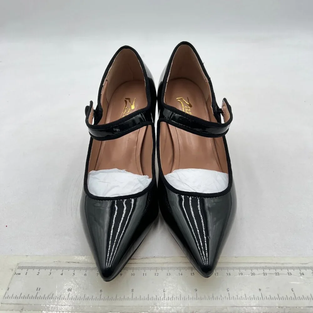 Zszszsu Black Mary Jane Pump Pointed Toe Mid Heels Ankle Strap Dress Shoes_3